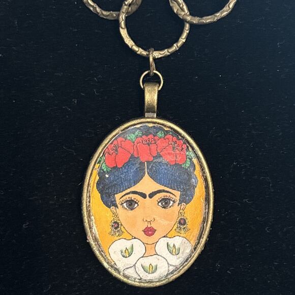 OOAK Bronze Tone Frida Kahlo Portrait Pendant Necklace Yellow Red Choker New - Picture 2 of 4